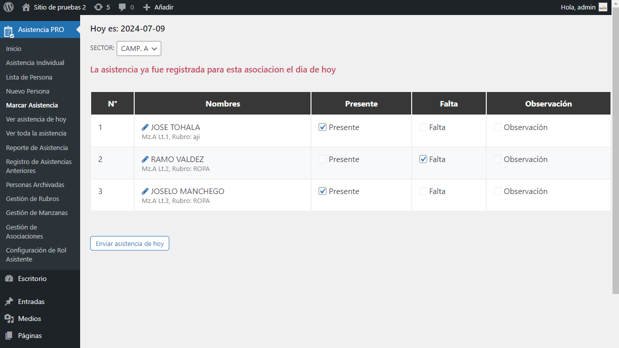 P15 PRO Control de Asistencia Sectorial